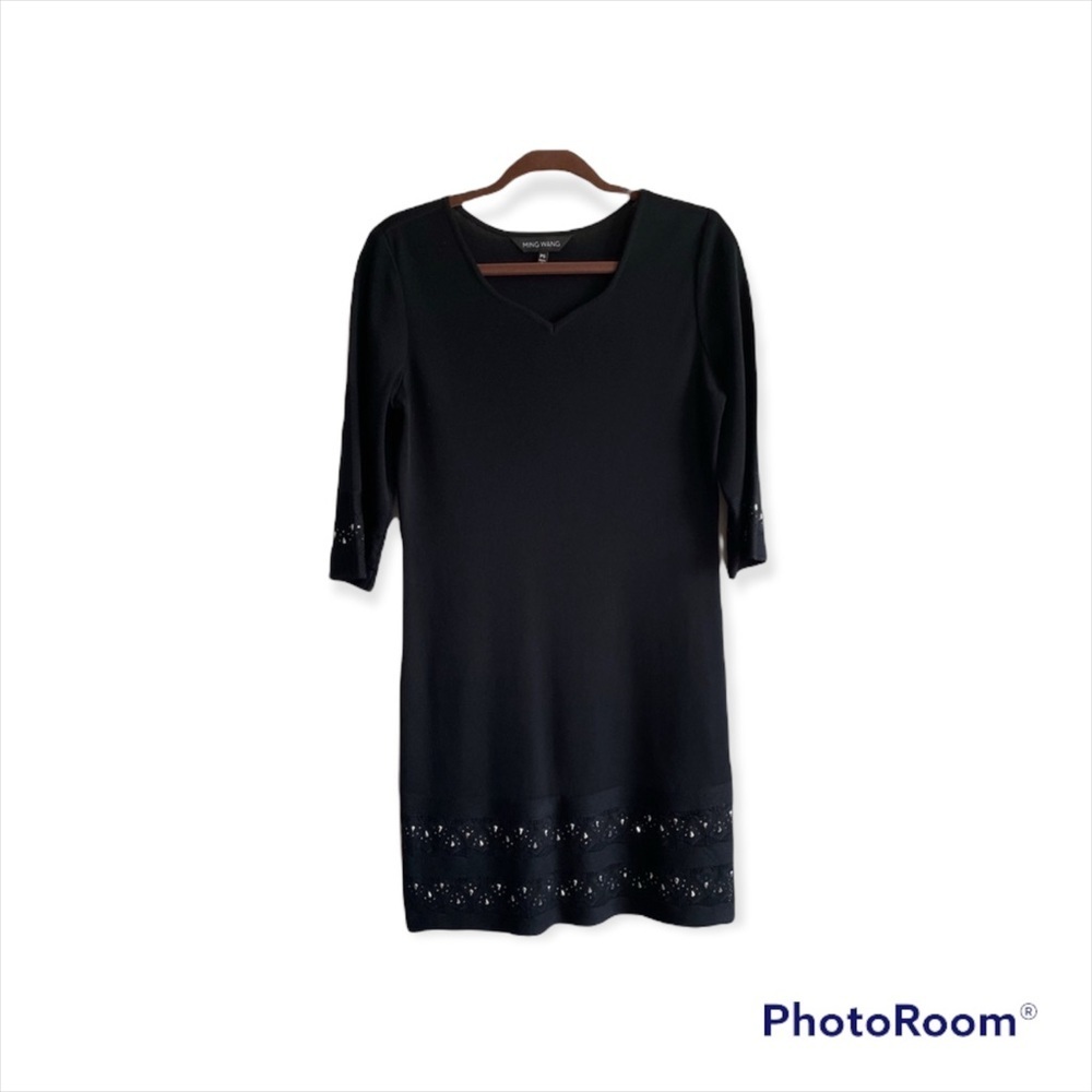 Ming Wang Embroidered Black Dress Petite Small
